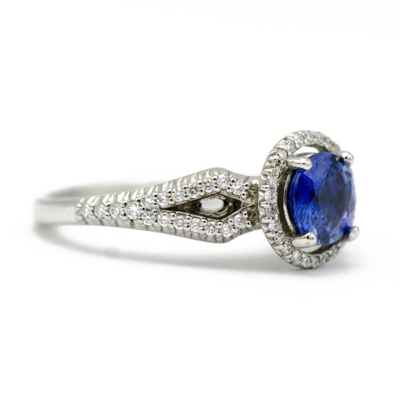 Platinum Sapphire & Diamond Halo Ring - Picture 2 of 2